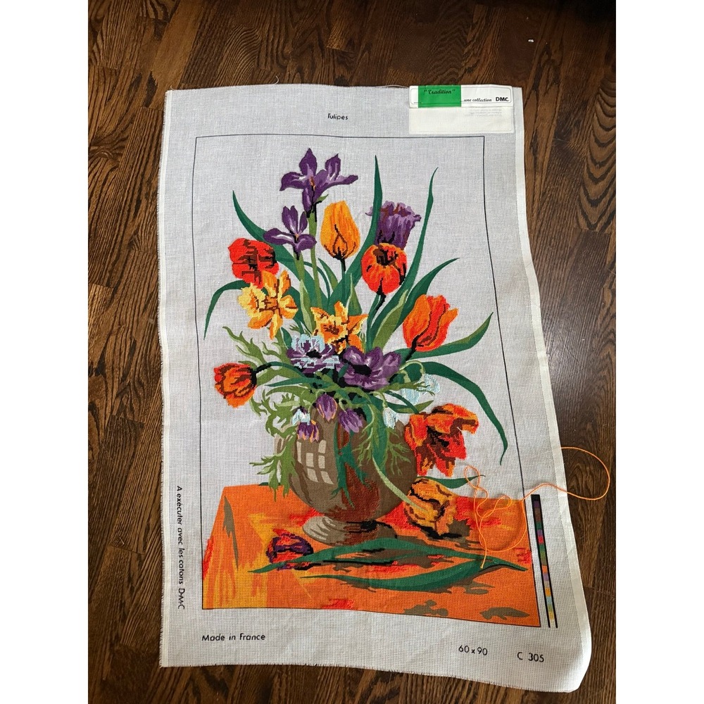 Large French Needlepoint 'tulips'.  Partially finished